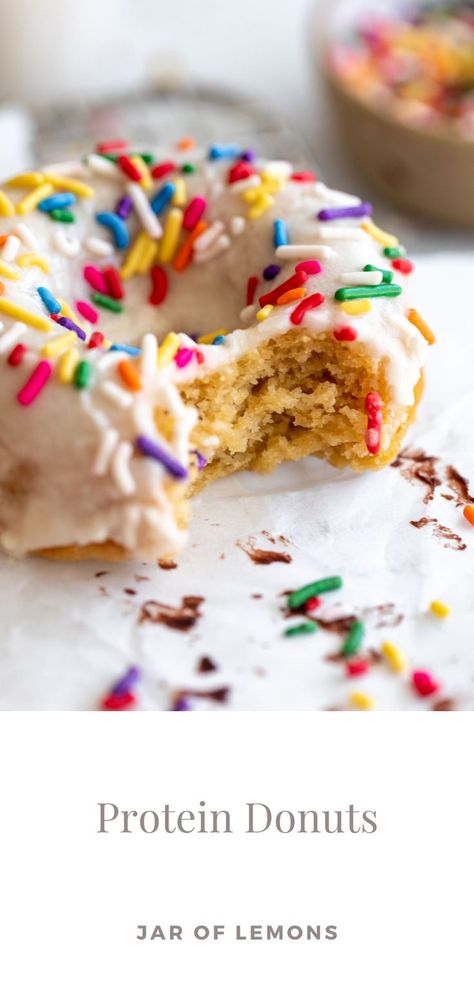 A bite taken out of a vanilla donut. Protein Doughnuts Recipes, Healthy Donuts For Kids, Protein Donut Recipe, Protein Donuts Recipe, Mini Donut Recipes, Donuts At Home, Lemon Raspberry Muffins, Breakfast Donuts, Donut Toppings