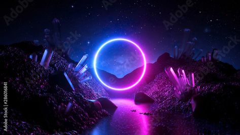 Stock Image: 3d render, abstract neon background, mystical cosmic landscape, pink blue glowing ring over terrain, round frame, virtual reality, dark space, ultraviolet light, crystal mountains, rocks, ground Pc Backgrounds Hd, Cosmic Landscape, Cool Wallpapers For Pc, Glowing Ring, Wallpaper Horizontal, Pink Landscape, 4k Gaming Wallpaper, Neon Background, Hd Wallpapers For Pc