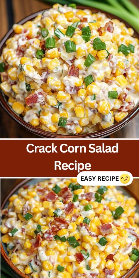 Looking for a quick and easy side dish? Try this Crack Corn Salad! Made with sweet corn, crispy bacon, cheddar cheese, and a creamy ranch dressing, it’s the perfect recipe for barbecues, potlucks, and summer gatherings. This delicious, no-fuss salad can be made in advance and is a crowd-pleaser at any event. Whether you’re serving it with grilled chicken or burgers, this corn salad is sure to be a hit. Save this simple and flavorful side dish for your next cookout! Corn Salsa Side Dish, Hot And Sweet Corn Salad, Cracked Corn Salad, Salad Casserole Recipe, Good Sides For Blts, Corn Salad With Fritos Easy, Corn Chips Salad, Corn Salad With Cream Cheese, Corn Bacon Side Dish