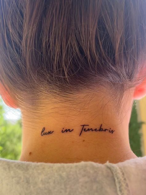 Light in the darkness in latin Lux In Tenebris Tattoo, Latin Text Tattoo, Tattoo Quotes Latin, Latin Phrases Tattoo, Remember To Live Tattoo Latin, As Above So Below In Latin, Latin Tattoo, Latin Quotes, Cursive Tattoos