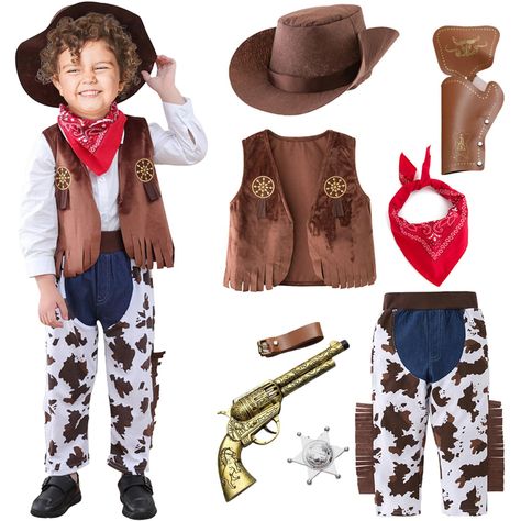 PRICES MAY VARY. Cowboy Costume 8PCS Set for Kids: Cowboy vest, Cowboy hat, Trousers, Bandanna, Toy props, Leather case, Solid metal sheriff badge, Belt High-Quality Material: Kids cowboy outfit is made of polyester and leather, skin-friendly and comfortable to wear, the fabric provides a soft feel, excellent workmanship and durable use Design: The cowboy vest and trousers feature a classic denim hue, the red headscarf has a vintage print, and the adjustable belt is suitable for most body types, Kids Cowboy Outfit, Red Headscarf, Costume For Kids Boys, Girls Cowboy Hats, Cowboy Vest, Cowboy Outfit, Sheriff Badge, Cowboy Costume, Kids Costumes Boys