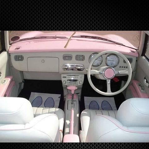 Nissan Figaro Interior, Pink Vw Beetle Interior, Pink Nissan Figaro, Beetle Car Aesthetic Interior, Pink Figaro, Pink Nissan, Figaro Car, Pink Car Interior, Nissan Figaro