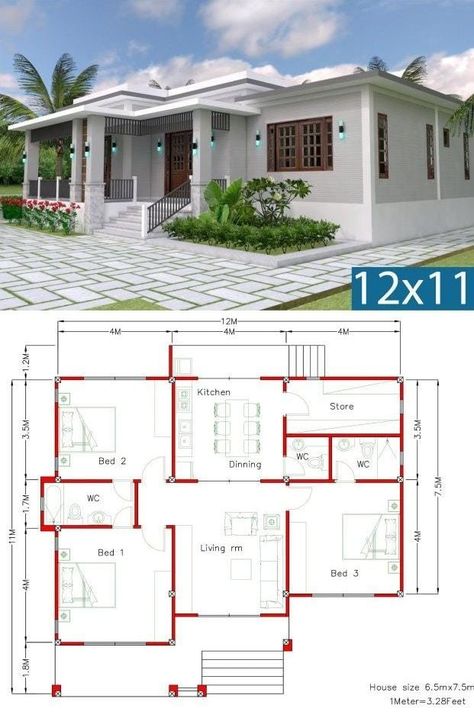 Simple Home Design, Modern Bungalow House Plans, Small Modern House Plans, Three Bedroom House Plan, Bungalow Style House Plans, Affordable House Plans, Two Story House, Interior Design Plan, Modern Bungalow House