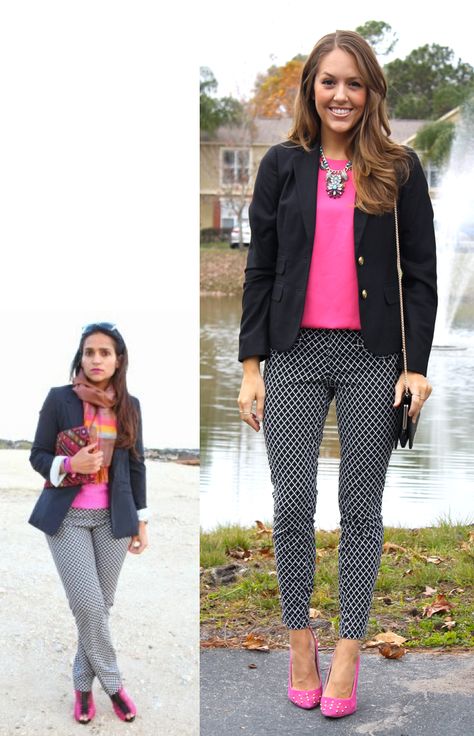 Trying this combo with grey slacks (versus pattern), pink  top and black blazer! Polka Dot Pants Outfit, Patterned Pants Outfit, Outfits 2014, Weather Clothes, Black And White Pants, Professional Attire, I Love Her, Work Wardrobe, Business Casual Outfits