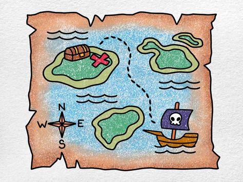 Young artists will have a wonderful time learning how to draw a pirate map in today's art lesson. Cartoon Map Drawing, Easy Treasure Map Drawing, Treasure Map Drawing, Maps Drawing, Pirate Map, Cartoon Map, Map Drawing, Pirate Treasure Maps, Purple Crayon