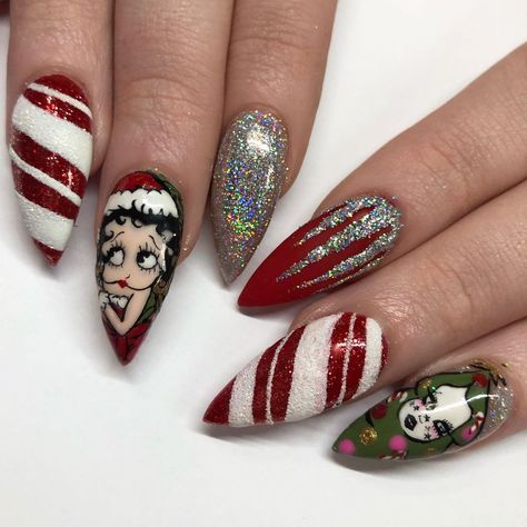 Devin Strebler💗🛸 on Instagram: “Betty Boop 💋 and Valfre’🎄 *swipe to bring Boop to life*🥰😍 • • Using @youngnailsinc mission control gels and @magpie_beauty glitter! •…” Ny Nails, Green Candy Canes, Hoof Print, Mission Control, Cute Christmas Nails, Christmas Nail Art Designs, Simple Nail Art Designs, Silver Tree, Toe Nail Art