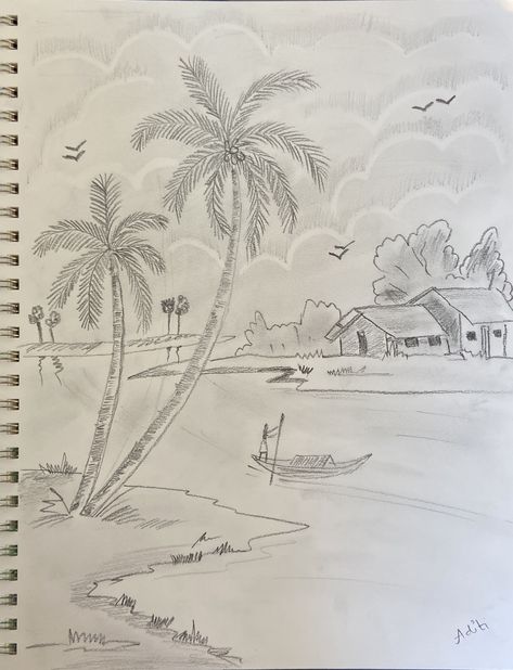 Tired Village scenary pencil sketch Scenary Sketch Pencil, Village Scene Drawing Pencil, Village Scene Drawing, Shading Drawing, Basic Painting, Mud House, Scene Drawing, House Sketch, Pencil Shading