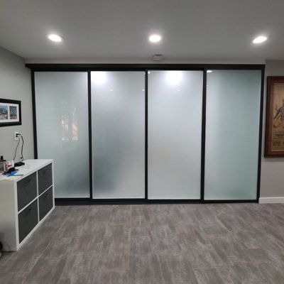 Glass Sliding Closet Doors, Fake Wall, Sliding Door Company, Doors Room, Glass Room Divider, Sliding Room Dividers, White Closet, Beach Office, Room Divider Doors