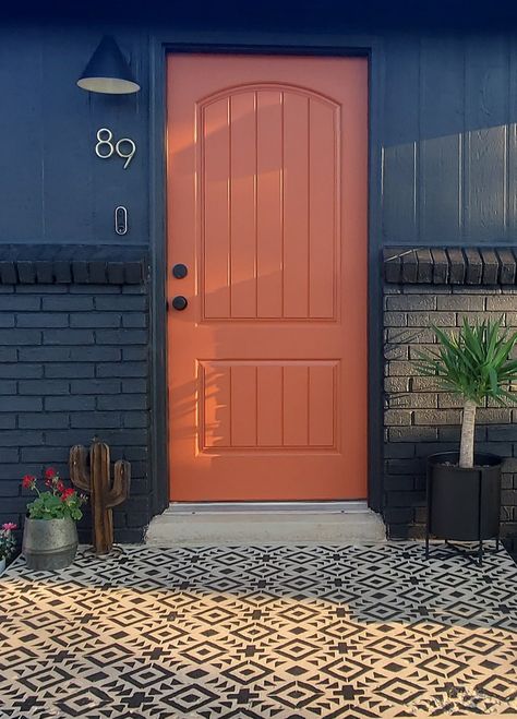 Orange House Exterior, Stenciled Porch, Orange Doors, Painted Porch Floors, Anderson Windows, Orange Door, Behr Paint, Porch Flooring, Painted Concrete Porch