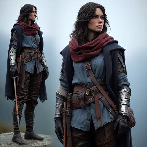 Warrior Cosplay Woman, Dnd Rogue Armour, Medieval Warrior Woman Outfits, Ranger Costume Female, Rogue Aesthetic Clothes, Larp Outfit Female, Traveler Fantasy Outfit, Female Archer Outfit, Female Rogue Outfit