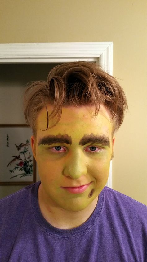 Shrek Jr. The Musical- Ogre make up Shrek Jr Makeup, Shrek Face Paint, Shrek Costume Diy, Shrek Makeup, Puppet Makeup, Shrek Jr, Shrek Donkey, Shrek Costume, I Heart Revolution