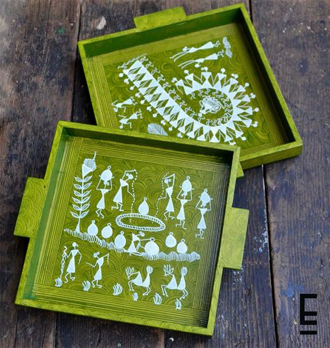 Add pizzazz to your service with these Warli art serving trays Wooden Board Crafts, Tray Painting, Warli Painting, Board Crafts, Warli Art, Indian Arts, Coaster Art, Indian Art Gallery, Art And Craft Videos