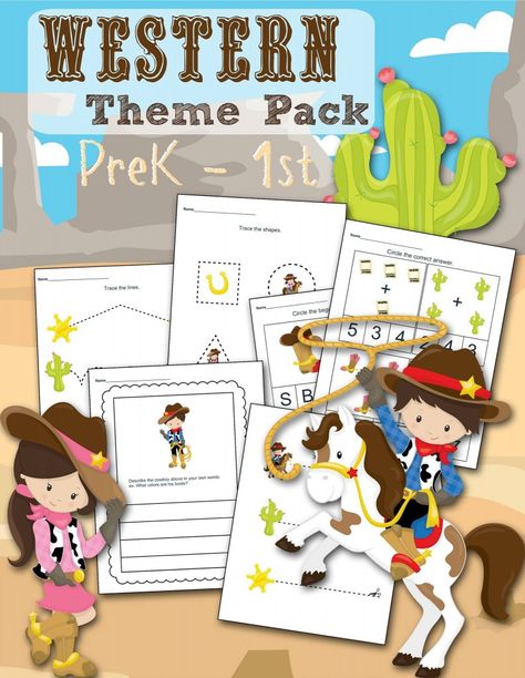 Western Themed Printable Preschool & Kindergarten Worksheet set - FREE! Includes shapes, tracing, simple math and writing prompt. Cut cowboy & cowgirl design - print for homeschool or teachers in the classroom! Western Activities, Wild West Activities, Western Classroom, Shapes Tracing, Cowgirl Design, Cowboy Crafts, Fall Themes, Wild West Theme, Summer Preschool