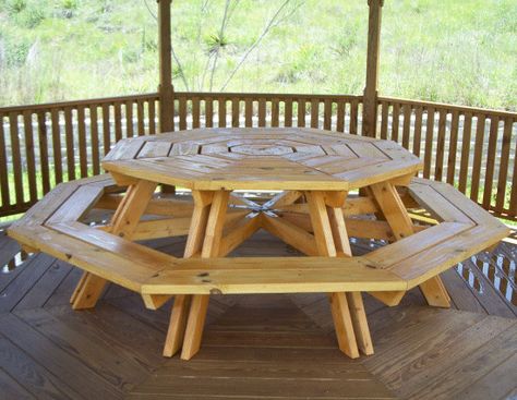 DIY Eight Seater Octagonal Picnic Table Plans l Build Easy Plans Round Picnic Table Plans, Octagon Picnic Table Plans, Octagon Picnic Table, Diy Bank, Diy Picnic Table, Build A Dog House, Picnic Table Plans, Diy Outdoor Table, Into The Woods