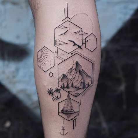 Geometric Shape Tattoo, Berg Tattoo, Outdoor Tattoo, Geometric Mountain Tattoo, Hexagon Tattoo, Tatoo 3d, York Yorkshire, Mountain Tattoo Simple, Tatuagem Masculina Pequena