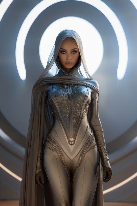 Alien Goddess Art, Sci Fi Dress Future Fashion, Sci Fi Royalty, Sci Fi Outfits Character Concept, Futuristic Goddess, Futuristic Fashion Aesthetic, Space Wizard, Sci Fi Outfits, Dune Characters