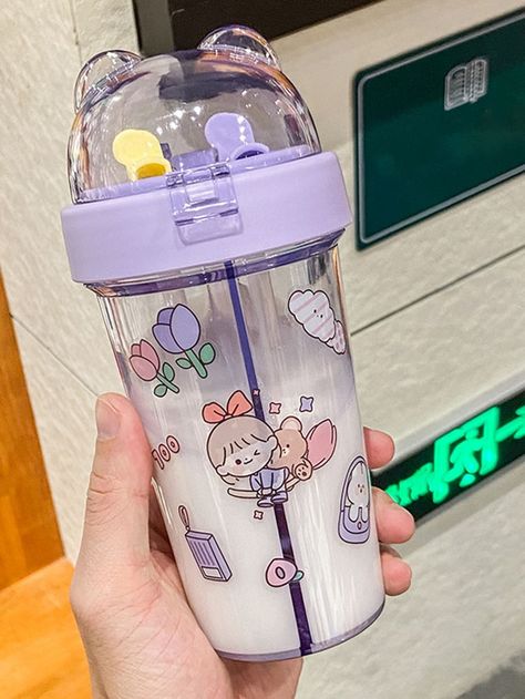 1pc Cartoon Graphic Tumbler | SHEIN USA Tumbler Botol Minum Aesthetic, Cartoon Kitchen, Kawaii Cups, Trendy Water Bottles, Purple Bottle, Cute Stationary School Supplies, Cute School Stationary, Pretty Tea Cups, Cute Water Bottles