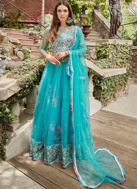 Turquoise Lehenga, Lehenga Choli Designer, Dress With Floral Embroidery, Outfit Collection, Traditional Outfit, Embroidered Lehenga, Indian Dress, Asian Outfits, Desi Fashion