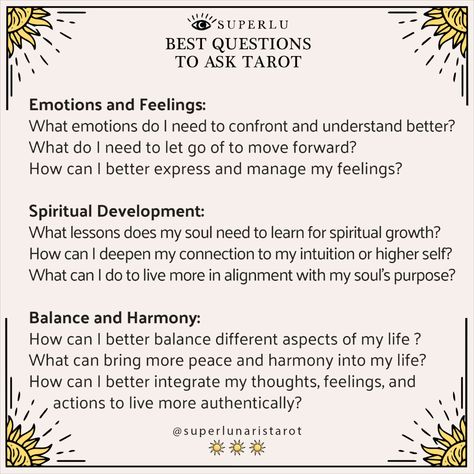 Best Questions to Ask Tarot for Growth & Transformation
1. Self-Understanding and Personal Growth:
What do I need to understand about myself right now?
What is currently blocking my path to personal growth?
How can I overcome these challenges?
Please click the link for more alt text, as Pinterest limits this space. Questions For Tarot Cards, 1 Card Tarot Questions, Oracle Card Questions To Ask, Questions For Tarot, Tarot Questions To Ask, Questions To Ask Tarot Cards, Tarot Card Questions, Witchy Recipes, Tarot Questions