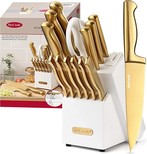 AmazonSmile: McCook® MC21G Knife Sets,15 Pieces Luxury Golden Titanium Kitchen Knife Block Sets with Built-in Sharpener: Home & Kitchen White Kitchen Knife Set, Kitchen Knife Block, Gold Kitchen Accessories, Glam Kitchen, White Wash Finish, Wood Knife, Charming Kitchen, Kitchen Shears, Knife Block Set