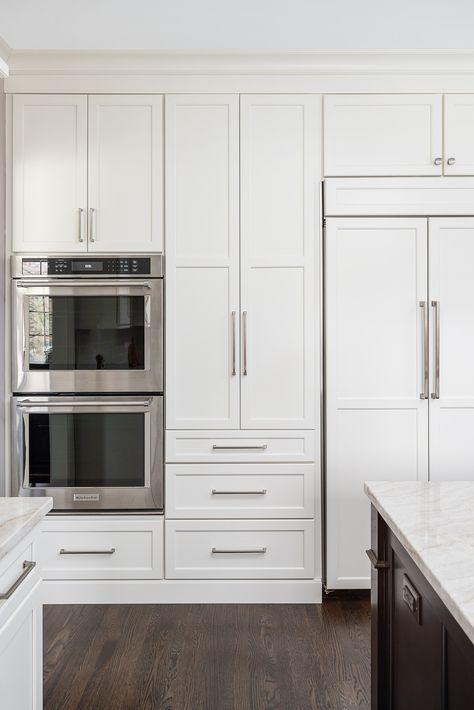 Extra Tall Upper Kitchen Cabinets, Tall White Kitchen Cabinets, Large Handles On Kitchen Cabinets, Floor To Ceiling Cabinets Around Fridge, Kitchen Cabinets To Ceiling 10 Ft, Stacked Kitchen Cabinets To Ceiling, Long Cabinets Kitchen, Full Wall Pantry Cabinets, 10 Ft Ceiling Kitchen Cabinets