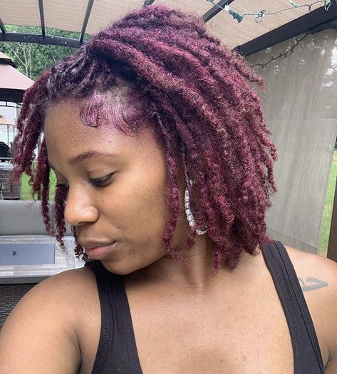 Dread Color Ideas Locs Dark Skin, Burgundy Starter Locs, Plum Locs Black Women, Burgundy Locs Black Women, Plum Colored Locs, Loc Dye Ideas Purple, Purple Locs Black Women Natural Hair, Magenta Locs, Purple Locs Black Women