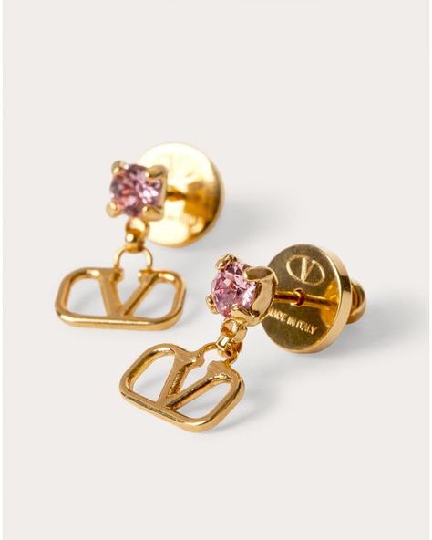 Valentino Garavani Vlogo Signature Earrings In Metal And Swarovski® Crystals in Gold/Pink (Metallic) | Lyst Valentino Jewelry, Woman In Gold, Signature Bracelet, Metal Choker, Swarovski Crystal Necklace, Swarovski Crystal Earrings, Swarovski Pearls, Metal Earrings, Rhinestone Earrings