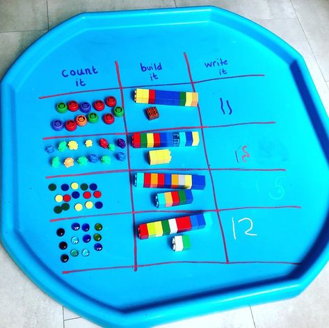 Mum’s School Of Fun on Instagram: “Count it, build it, write it  Large tuff tray set up with chalk pens and different types of counters. Count the items, build the bricks in…” Practical Counting Activities Eyfs, Tuff Tray Writing Ideas, Place Value Tuff Tray, Maths Tuff Tray Eyfs, Maths Activities Reception, Number Tuff Tray, Maths Tuff Tray Ideas, Counting Activities Eyfs, Preschool Maths