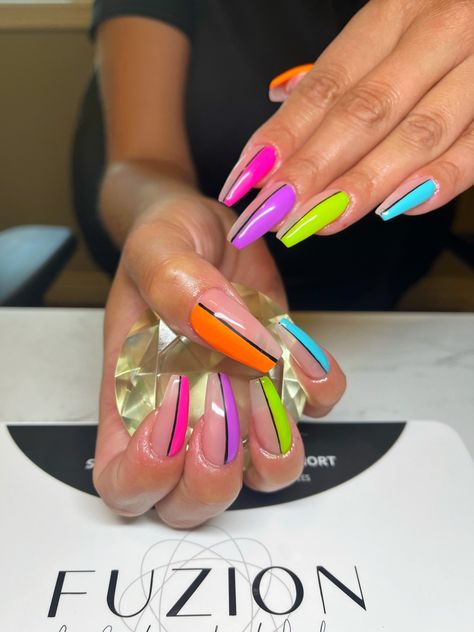 Colorful Bright Nails, Multi Colored Nail Designs, Neon Nail Ideas Bright Colors, Neon Nails Acrylic, Flame Nail Art, Stilleto Nails Designs, Classic Nail, Line Nail Art, Nail Looks