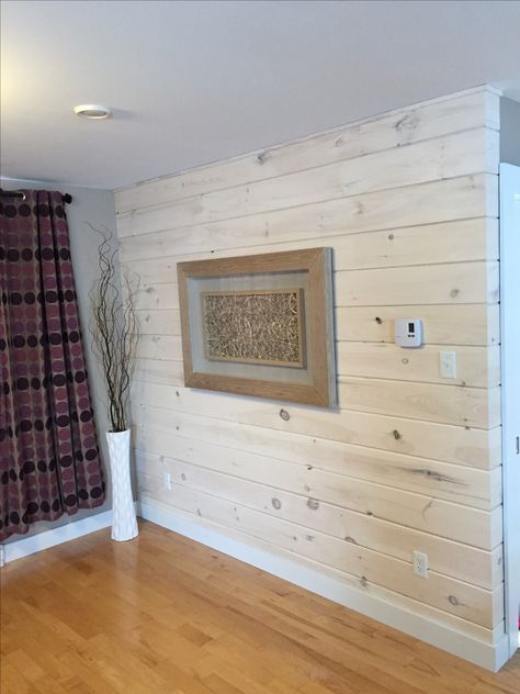 Accent wall made with Shiplap pine and a whitewash finish! Whitewash Pine Walls, Vertical Pine Shiplap Wall, Whitewashed Shiplap Wall, Whitewashed Pine Walls, White Washed Tongue And Groove Walls, Shiplap Stained Wall, White Washed Shiplap Wall, White Oak Shiplap Wall, Whitewash Shiplap Wall