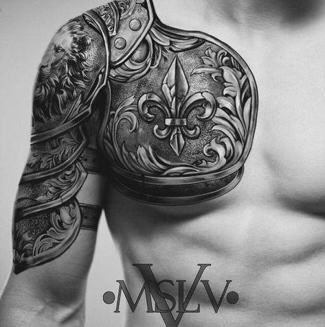 Men’s Armor Tattoo, Body Armour Tattoo, Shoulder Armor Tattoo Design For Men, Tattoo Armor Shoulder, Armor Back Tattoo, Armor Tattoos For Men, Armour Tattoo Shoulder, Armour Sleeve Tattoo, The Armor Of God Tattoo