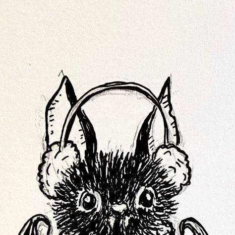 Cat Mallard on Instagram: "Poor Cecil wonders why his ears are still cold! . . Thank you to whoever asked if I had a bat with earmuffs! I couldn’t help but draw one. . . . . . #bats #yule #christmas #bat #vampire #inks #gothart #creepycute #vampires #batty #spookycute #blackink #earmuffs" Bat Ears Drawing, Vampire Ears, Long Eared Bat Tattoo, Bat Ears, Bats Drawing, Bat Pfp, Black Cat And Bats Tattoo, Goth Bat Tattoo, Bat Drawing