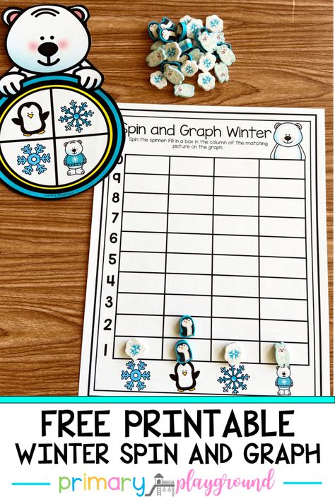 Free Printable Winter Spin and Graph - Primary Playground Graphing Kindergarten, Kindergarten Pictures, Winter Math Activities, Winter Theme Preschool, Kindergarten Units, Picture Graphs, Graphing Worksheets, Graphing Activities, Winter Kindergarten