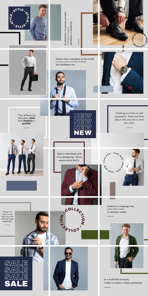 A grey and blue, men's fashion Instagram Puzzle feed template. Men Fashion Instagram Feed, Fashion Instagram Template, Instagram Feed For Business, Fashion Brand Instagram Feed, Professional Instagram Feed, Canvas Templates, Grid Instagram, Instagram Feed Template, Instagram Grid Layout