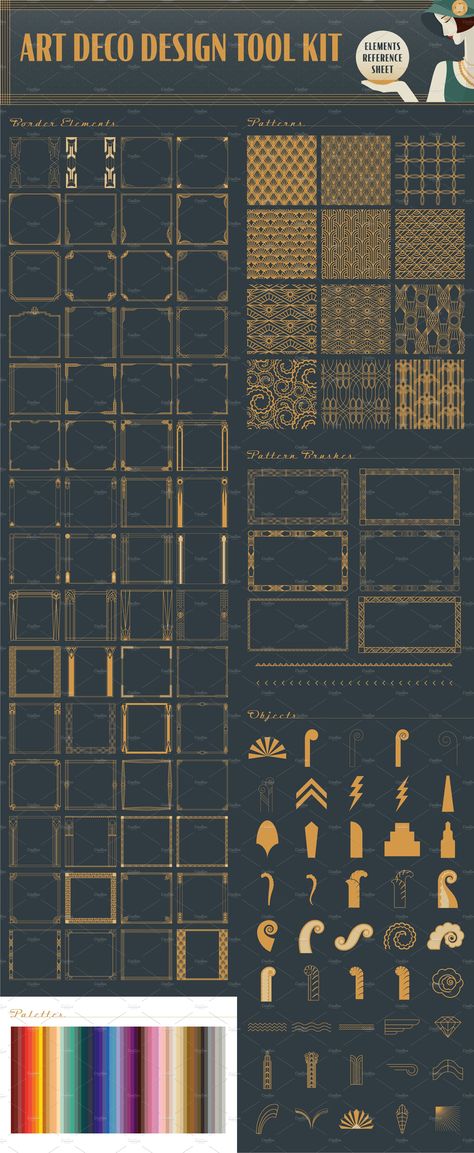 Art Deco Design Tool Kit by Dandylyon Designs on @creativemarket Art Deco Elements Design, Art Deco Material Board, Art Deco Layout Design, Art Deco Infographic, Art Deco Product Design, Art Deco Motifs Pattern, Art Deco Border Design, Artdeco Art Design, Art Deco Bars