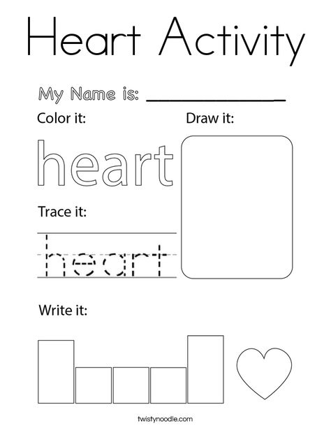 Heart Activity Coloring Page - Twisty Noodle Heart Worksheet, Shape Activities Kindergarten, Writing Activities For Preschoolers, Valentines Activities, Valentine Worksheets, Homework Activities, Twisty Noodle, Kids Homework, Valentines Day Coloring Page