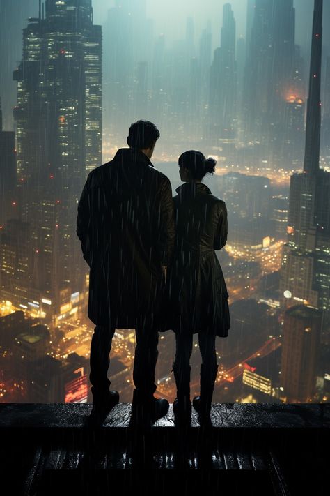 Futuristic Couple Aesthetic, Sci Fi Couple Aesthetic, Cyberpunk Couple Art, Sci Fi Romance Aesthetic, Dystopian Romance Aesthetic, Dark Urban Fantasy Aesthetic, Dystopian Couple, Cyberpunk Romance, Cyberpunk Couple