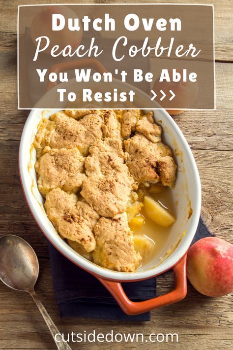 Recipe ideas at cutsidedown.com are delicious and easy enough anyone can make them! Don't settle on basic peach pie anymore! Get creative with this awesome dutch oven peach cobbler recipe everyone is sure to love. Trisha Yearwood Peach Cobbler, Smoked Peach Cobbler, Oven Peach Cobbler, Dutch Oven Cobbler, Dutch Oven Peach Cobbler, Dutch Oven Desserts, Best Dutch Oven, Dutch Oven Recipes, Cobbler Recipe