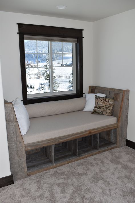 Custom built window seat with storage cubbies below, reclaimed wood facing, gorgeous Montana view Window Cubby Ideas, Storage Under Window, Cubby Diy, Window Seat With Storage, Cubby Ideas, Seat With Storage, Window Bench Seat, Storage Cubbies, Window Seat Storage