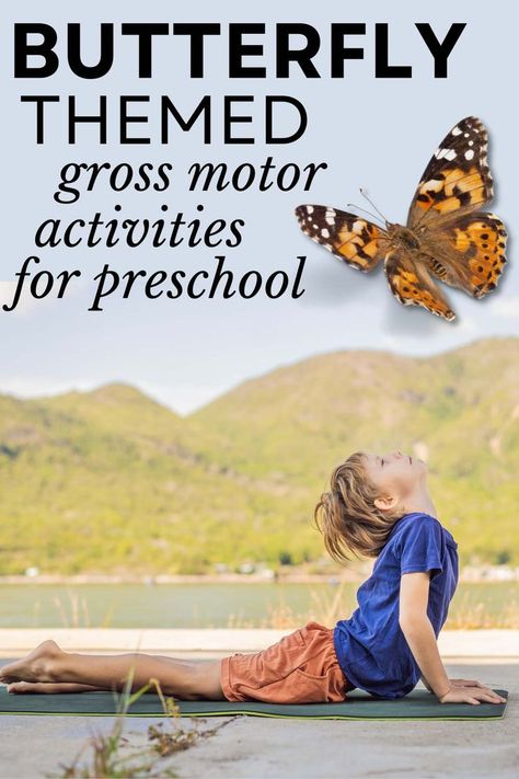 a preschool boy does a yoga pose with a butterfly flying above his head Butterfly Math Activities Preschool, Preschool Butterfly Activities, Butterfly Math Activities, Butterfly Life Cycle Preschool, Preschool Butterfly Theme, Preschool Butterfly, Caterpillar Preschool, Butterfly Activities, Life Cycles Preschool