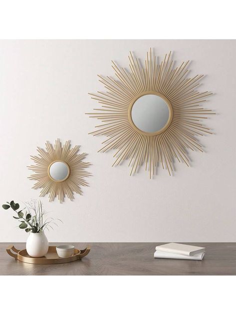 Single piece item, available in two sizes: Dia 29.5" (mirror 8"D) and Dia 14.5" (mirror 3.875"D) Metal frame and spokes painted Frame is made from iron metal Mirrored glass on MDF backing Ready to hang with keyhole hanger Indoor use only. Spot clean onlySunburst Wall Decor Mirror 14.5"D Gold    MDF     Home Decor, size features are:Bust: ,Length: ,Sleeve Length: Sunburst Mirror Wall, Sunburst Wall Decor, Wall Decor Mirror, Decor Mirror, Mirror 3, Keyhole Hanger, Unique Mirrors, Sunburst Mirror, Iron Metal