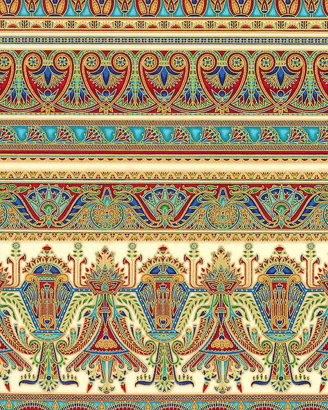 Valley of the Kings 2 - Egyptian Queen Stripe - Red/Gold. Fabric from eQuilter.com Pharaonic Pattern, Ancient Egyptian Motifs, Egyptian Motifs Design Ancient Egypt, Egyptian Design Pattern, Egyptian Fabric, Egyptian Textiles, Egyptian Textile Patterns, Egyptian Pattern, Egyptian Motifs