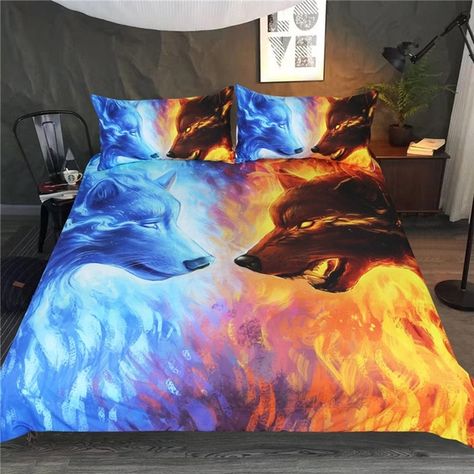 Home Textile Bedding Set Bedclothes Double Headed Wolf Home Decor Super Comfy and Warm Comforter Set Cotton Bedding Sheet 3d Duvet Cover Bedding Set Blue Bedding Sets, Patterned Bedding, Bed Sets, Blue Bedding, Fire And Ice, Bed Duvet Covers, My New Room, Home Decor Tips, Bedroom Sets