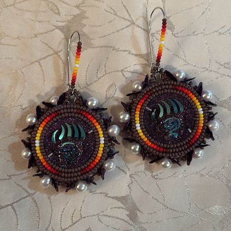 Fire Color Beaded Earrings, Beaded Halloween Earrings, Native American Beadwork Earrings, Purple Beaded Earrings, Beaded Halloween, Native Earrings, Fire Color, Seed Bead Jewelry Patterns, Beadwork Earrings