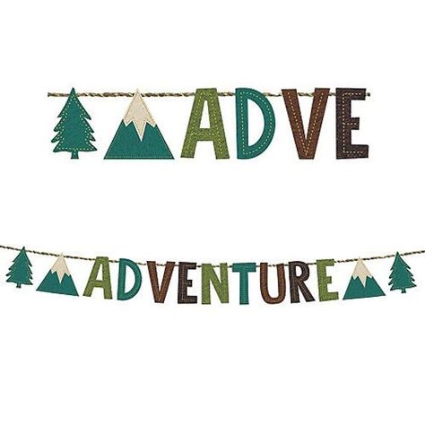 "This felt letter banner spells out \"Adventure\" in blues, greens, and browns with a tree and mountain cutout on either side. Use the attached twine to hang it above your buffet table or in the background of your party photo booth for a picture-worthy scene. Wilderness Adventure Felt Letter Banner product details: 5.5ft long x 6in tall Preassembled" Hiking Theme Party Decorations, Explorer Birthday Party, Nature Birthday, Adventure Birthday Party, Banner Product, School Holiday Party, Wild One Party, Adventure Party, Summer Party Themes