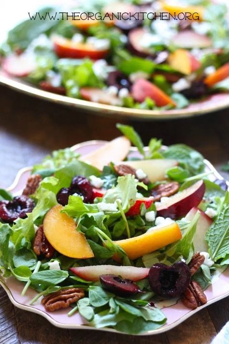 Peach, Plum and Cherry Salad with White Balsamic Vinaigrette! | The Organic Kitchen Blog and Tutorials Caramelized Pecans, Cherry Salad, Stone Fruit Salad, White Balsamic Vinaigrette, Cherries Salad, Homemade Whipped Cream Recipe, Fruity Recipes, Fresh Summer Salad, White Balsamic