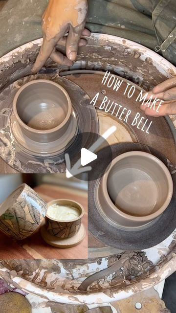 Hannah Mir, Ceramic Artist/ Teacher on Instagram: "Which 🧈 team are you on…. Butter in the fridge or butter outside?  A butter bell, is also known as a butter crock or butter keeper and keeps butter fresh on the counter for up to 30 days. The butter goes in the “bell,” which you place in the water-filled crock. This keeps butter smooth and spreadable for whenever you need it.  Put the bell into the crock and the water level will rise around the bell, sealing it off and keeping it cool. Change the water every 2 to 4 days to keep things fresh. Store on the counter or in the pantry, away from direct heat or sunlight, to prevent the butter from melting. . . . . . . . #buttercrock  #frenchbuttercrock #handmade #wheelthrown  #handmadepottery #pottersofinstagram #handmadeceramics #butterbell #bu Butter Crock Pottery, Pottery Butter Bell, Butter Bell Pottery, Ceramic Butter Bell, How To Make Ceramic, Fresh Store, Butter Bell, Butter Keeper, Butter Crock