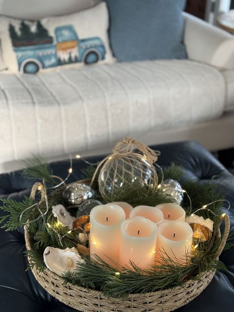 Want to learn how to incorporate nautical accents into your Christmas decor? Read how this interior designer does it. Ocean Christmas Decor, Coastal Winter Decor, Coastal Winter, Christmas Vignette, Coastal Christmas Decor, Christmas Vignettes, Coastal Christmas, Christmas Centerpieces, Coastal Homes