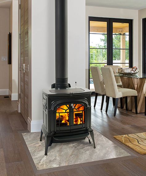 Stoves & Fireplaces | Wood + Freestanding Stove + Medium | Higgins Small Wood Stoves, Vermont Castings Wood Stove, House Improvement Ideas, Woodburning Stove Fireplace, Stove Wall, Vermont Castings, Wood Stove Wall, Wood Burning Insert, Wood Fireplaces