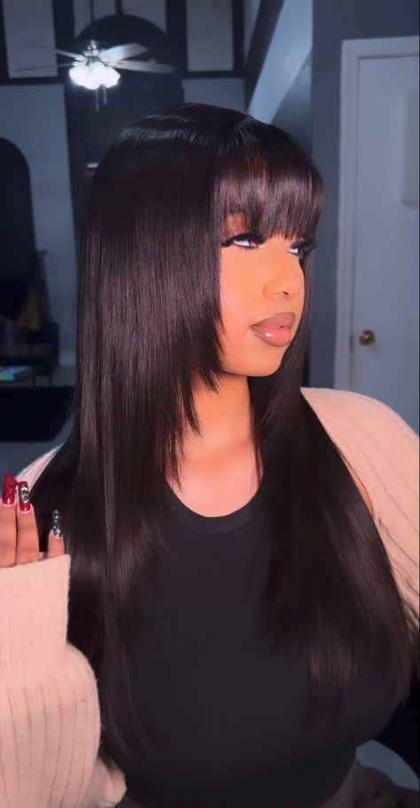 Jet Black With Bangs, Layered Wig With Bangs Black Women, Lace Front With Bangs And Layers, Sew Ins With Bangs, Bangs Hairstyles Wig, Black Women Hairstyles With Bangs, Layered Hair With Bangs Black Women, Sew In Closure With Bangs, Bangs With Layers Black Women